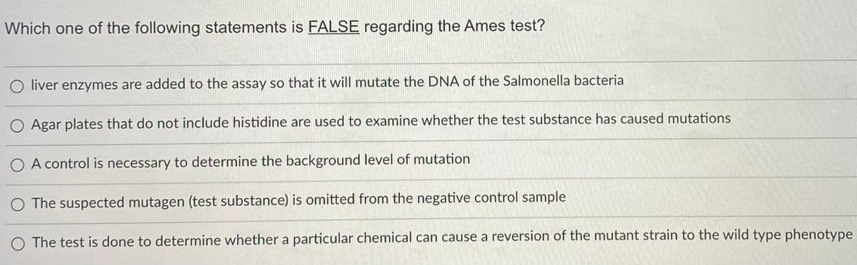 Which one of the following statements is FALSE regarding the Ames test?
O liver enzymes are added to the assay so that it will mutate the DNA of the Salmonella bacteria
O Agar plates that do not include histidine are used to examine whether the test substance has caused mutations
O A control is necessary to determine the background level of mutation
The suspected mutagen (test substance) is omitted from the negative control sample
O The test is done to determine whether a particular chemical can cause a reversion of the mutant strain to the wild type phenotype
