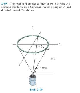 2-99. The load at A creates a force of 60 lb in wire AB.
Express this force as a Cartesian vector acting on A and
directed toward B as shown.
F-60 1b
Prob. 2-99
