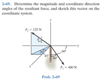 2-69. Determine the magnitude and coordinate direction
angles of the resultant force, and sketch this vector on the
coordinate system.
F, = 125 N
202
60°
45°
60°
F, = 400 N
Prob. 2-69

