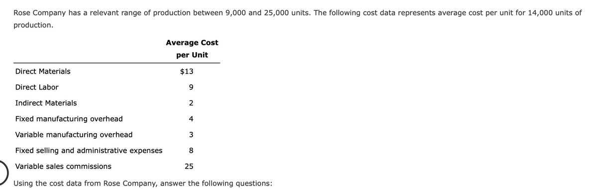 Rose Company has a relevant range of production between 9,000 and 25,000 units. The following cost data represents average cost per unit for 14,000 units of
production.
Average Cost
per Unit
Direct Materials
$13
Direct Labor
Indirect Materials
2
Fixed manufacturing overhead
4
Variable manufacturing overhead
3
Fixed selling and administrative expenses
8
Variable sales commissions
25
Using the cost data from Rose Company, answer the following questions:
