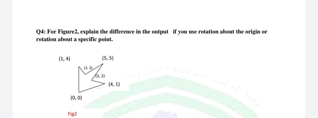 Q4: For Figure2, explain the difference in the output if you use rotation about the origin or
rotation about a specific point.
(1, 4)
(5, 5)
(2, 3)
13, 2)
(4, 1)
(0, 0)
Fig2
