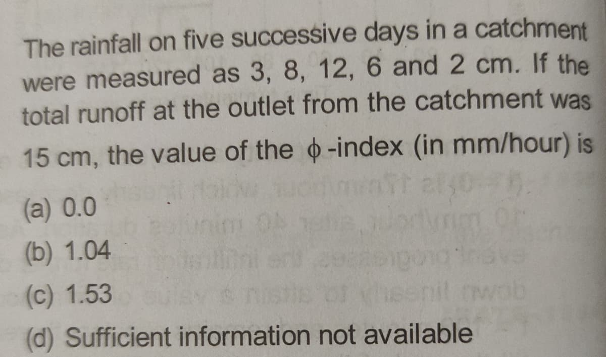 The rainfall on five successive days in a catchment
were measured as 3, 8, 12, 6 and 2 cm. If the
total runoff at the outlet from the catchment was
15 cm, the value of the -index (in mm/hour) is
(a) 0.0
(b) 1.04
(c) 1.53
(d) Sufficient information not available