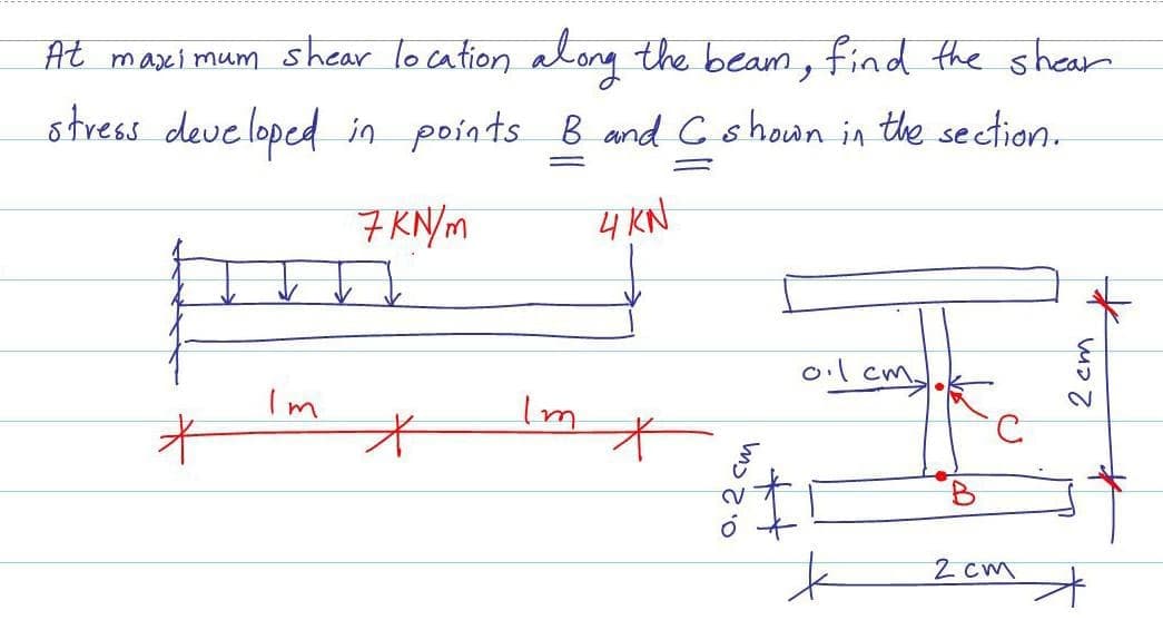 At maxeimum shear location along the beam, find the shear
stress deue loped in points B and C shoun in the section.
7 KN/m
4 KN
ol cm.
y
Im
Im
2 cm
o. 2 cm
