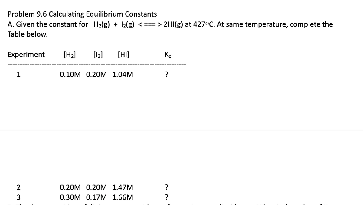 Problem 9.6 Calculating Equilibrium Constants
A. Given the constant for H2(g) + I2(g) < === > 2HI(g) at 427°C. At same temperature, complete the
Table below.
Experiment
[H2]
[12]
[HI]
Kc
1
0.10M 0.20M 1.04M
?
2
0.20M 0.20M 1.47M
?
0.30M 0.17M 1.66M
