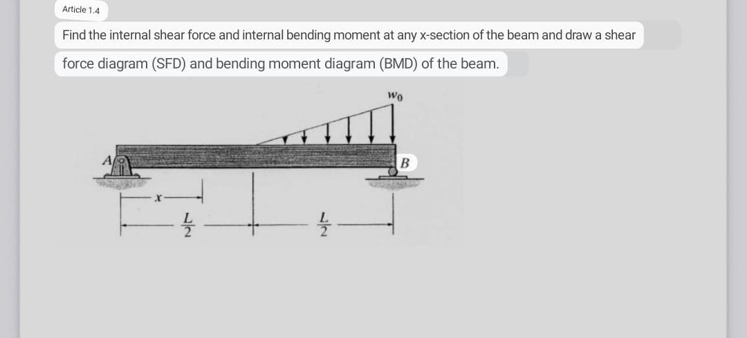 Article 1.4
Find the internal shear force and internal bending moment at any x-section of the beam and draw a shear
force diagram (SFD) and bending moment diagram (BMD) of the beam.
یمان
Wo
B