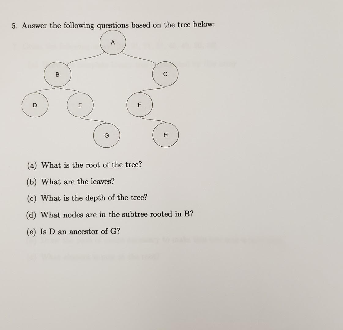 5. Answer the following questions based on the tree below:
A
F
What is the root of the tree?
(b) What are the leaves?
(c) What is the depth of the tree?
(d) What nodes are in the subtree rooted in B?
(e) Is D an ancestor of G?
