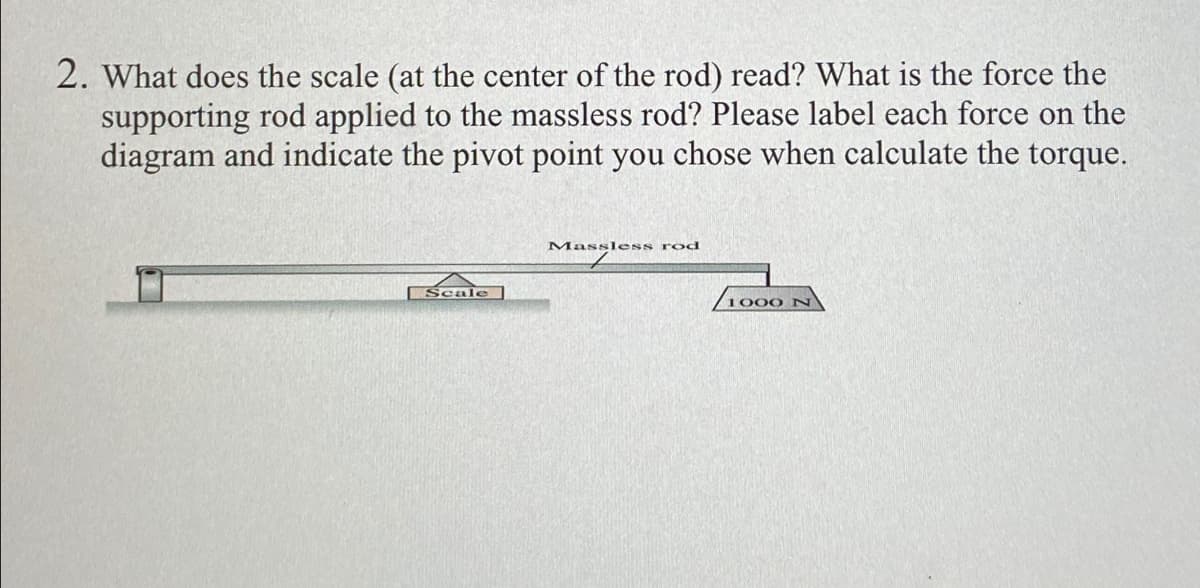 2. What does the scale (at the center of the rod) read? What is the force the
supporting rod applied to the massless rod? Please label each force on the
diagram and indicate the pivot point you chose when calculate the torque.
Mangless
Massless rod
100
Scale
O00 N
