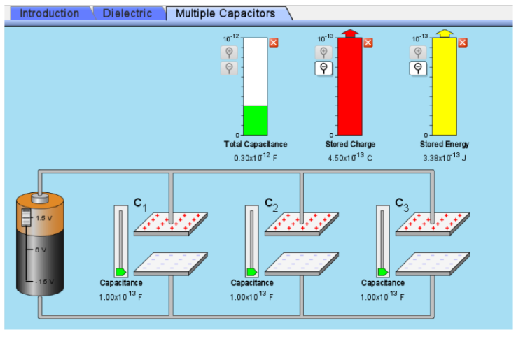 Introduction
1.5
-OV
-15
Dielectric Multiple Capacitors
C
Capacitance
1.00x10¹3 F
10-12
Total Capacitance
0.30x1 0 12
C2
Capacitance
1,00x1 0 13
10-13.
و
ه
Stored Charge
4.50x1 0 13
C3
10-13.
Capacitance
1.00x1 0 13
Stored Energy
سے
ل 13 0 3.38x1