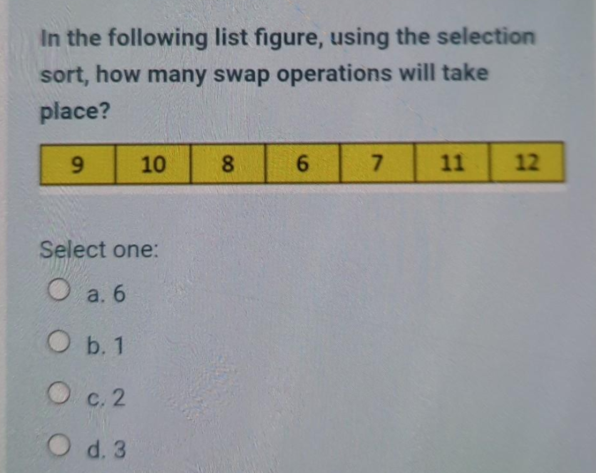 In the following list figure, using the selection
sort, how many swap operations will take
place?
9.
10
6.
7.
11
12
Select one:
O a. 6
O b. 1
О с. 2
O d. 3
00
