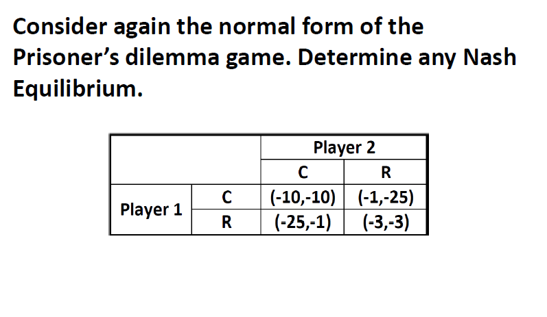 Consider again the normal form of the
Prisoner's dilemma game. Determine any Nash
Equilibrium.
Player 2
R
(-10,-10) (-1,-25)
(-25,-1)
(-3,-3)
C
Player 1
R
