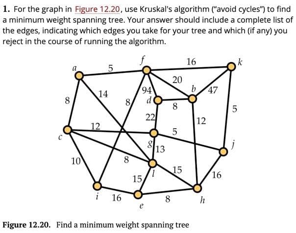 1. For the graph in Figure 12.20, use Kruskal's algorithm ("avoid cycles") to find
a minimum weight spanning tree. Your answer should include a complete list of
the edges, indicating which edges you take for your tree and which (if any) you
reject in the course of running the algorithm.
16
20
b/47
94
14
8
8
d
5
22
12
12
13
10
8
15
16
15
i 16
8
h
Figure 12.20. Find a minimum weight spanning tree
8.
LO
