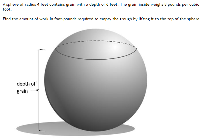 A sphere of radius 4 feet contains grain with a depth of 6 feet. The grain inside weighs 8 pounds per cubic
foot.
Find the amount of work in foot-pounds required to empty the trough by lifting it to the top of the sphere.
depth of
grain
