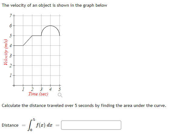 The velocity of an object is shown in the graph below
7+
6-
5-
2 3
Time (sec)
4
Calculate the distance traveled over 5 seconds by finding the area under the curve.
.5
| f(z) dz
Distance
Velocity (m/s)
2.
