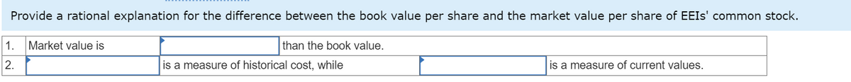 Provide a rational explanation for the difference between the book value per share and the market value per share of EEIs' common stock.
1. Market value is
2.
than the book value.
is a measure of historical cost, while
is a measure of current values.