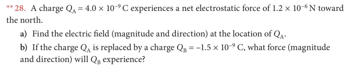 ** 28. A charge Q = 4.0 × 10-9 C experiences a net electrostatic force of 1.2 x 10-6 N toward
%3D
the north.
a) Find the electric field (magnitude and direction) at the location of QA.
b) If the charge Q, is replaced by a charge QB = -1.5 × 10-9 C, what force (magnitude
and direction) will QB experience?
