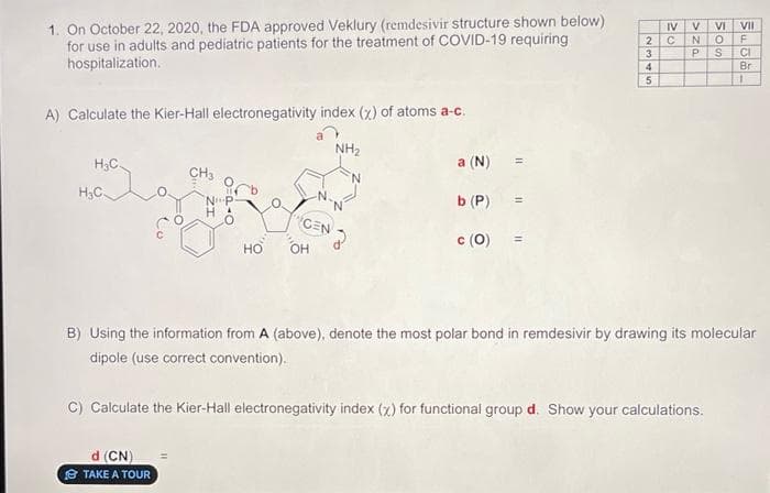 1. On October 22, 2020, the FDA approved Veklury (remdesivir structure shown below)
for use in adults and pediatric patients for the treatment of COVID-19 requiring
hospitalization.
A) Calculate the Kier-Hall electronegativity index (x) of atoms a-c.
H₂C.
H₂C
CH3
N P
H
d (CN)
TAKE A TOUR
NH₂
CEN
НО ОН 3
a (N) =
b (P)
=
c (0) =
2
3
4
5
IV
с
V
N
P
B) Using the information from A (above), denote the most polar bond in remdesivir by drawing its molecular
dipole (use correct convention).
C) Calculate the Kier-Hall electronegativity index (x) for functional group d. Show your calculations.
VI VII
O
F
S CI
Br
1