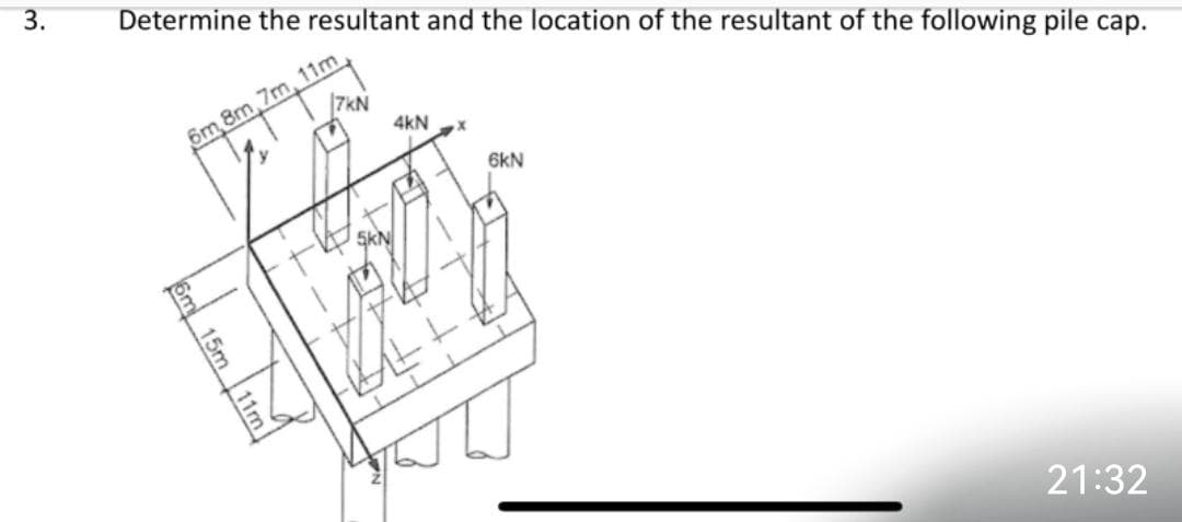 3.
Determine the resultant and the location of the resultant of the following pile cap.
7KN
6m, 8m, 7m, 11m
15m 11m
4KN
x
6kN
21:32