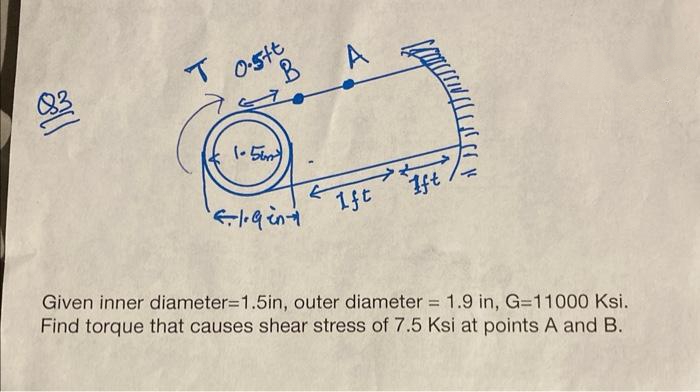 T
0.5+t
B
1-56m
El. Gint
1ft
1ft
Given inner diameter=1.5in, outer diameter = 1.9 in, G=11000 Ksi.
Find torque that causes shear stress of 7.5 Ksi at points A and B.