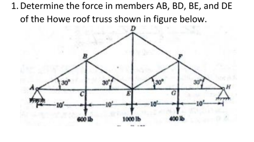 1. Determine the force in members AB, BD, BE, and DE
of the Howe roof truss shown in figure below.
30
30
30
C
G
-10-
-10
10-
-10-
600 Ib
1000 Ib
400 lb
