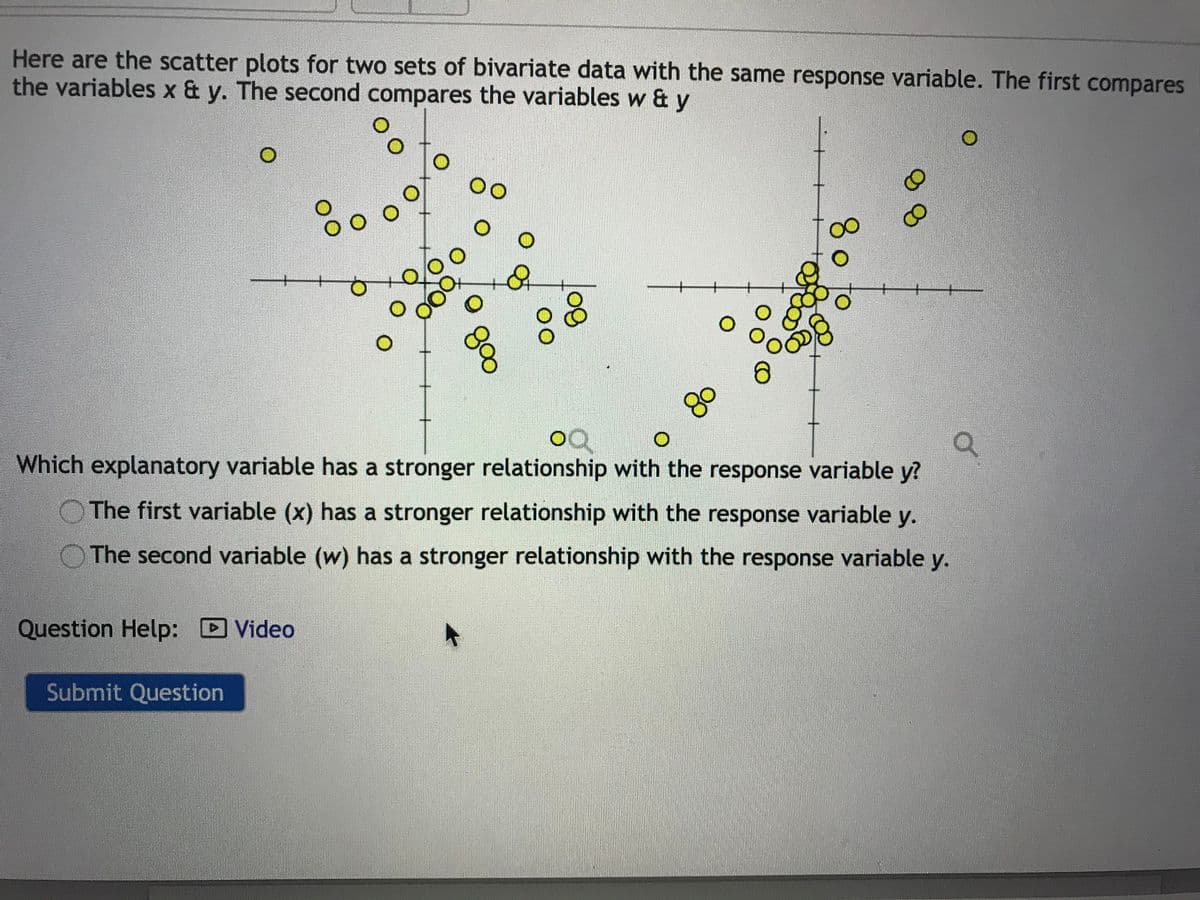 Here are the scatter plots for two sets of bivariate data with the same response variable. The first compares
the variables x & y. The second compares the variables w & y
+
+
Which explanatory variable has a stronger relationship with the response variable y?
The first variable (x) has a stronger relationship with the response variable y.
O The second variable (w) has a stronger relationship with the response variable y.
Question Help: D Video
Submit Question
8o to
00
g0
