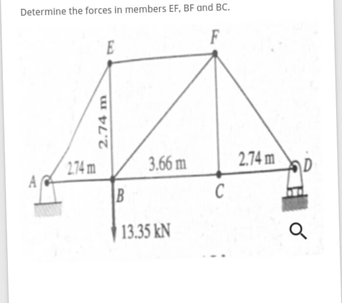 Determine the forces in members EF, BF and BC.
F
E
2.74 m
3.66 m
2.74 m
C
13.35 kN
2.74 m

