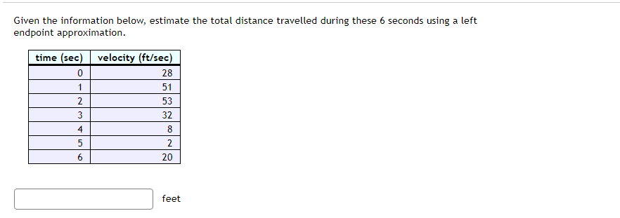 Given the information below, estimate the total distance travelled during these 6 seconds using a left
endpoint approximation.
time (sec) velocity (ft/sec)
0
28
1
51
2
53
32
8
2
20
3
4
5
6
feet
