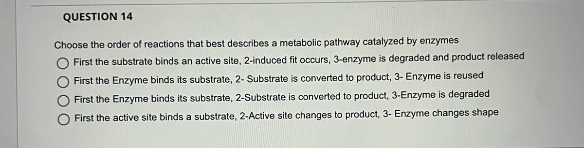 QUESTION 14
Choose the order of reactions that best describes a metabolic pathway catalyzed by enzymes
First the substrate binds an active site, 2-induced fit occurs, 3-enzyme is degraded and product released
First the Enzyme binds its substrate, 2- Substrate is converted to product, 3- Enzyme is reused
First the Enzyme binds its substrate, 2-Substrate is converted to product, 3-Enzyme is degraded
First the active site binds a substrate, 2-Active site changes to product, 3- Enzyme changes shape
