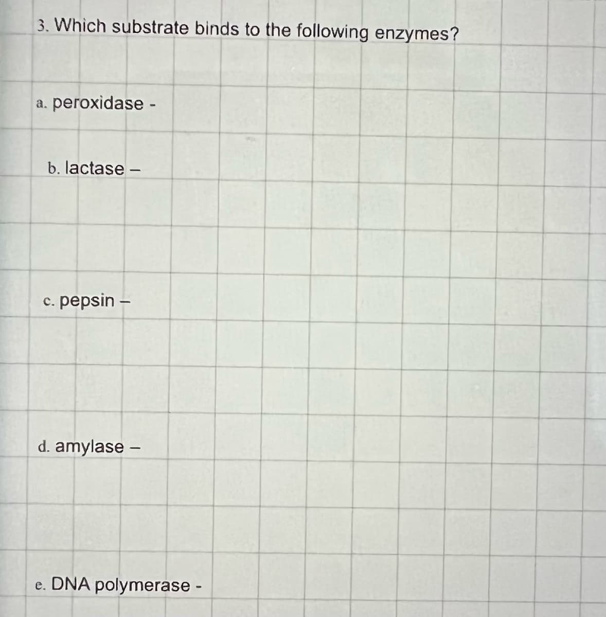 3. Which substrate binds to the following enzymes?
a. peroxidase -
b. lactase -
C. pepsin -
d. amylase -
e. DNA polymerase -