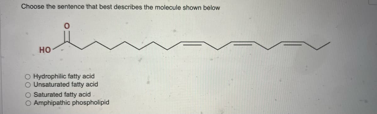 Choose the sentence that best describes the molecule shown below
но
O Hydrophilic fatty acid
O Unsaturated fatty acid
O Saturated fatty acid
O Amphipathic phospholipid
