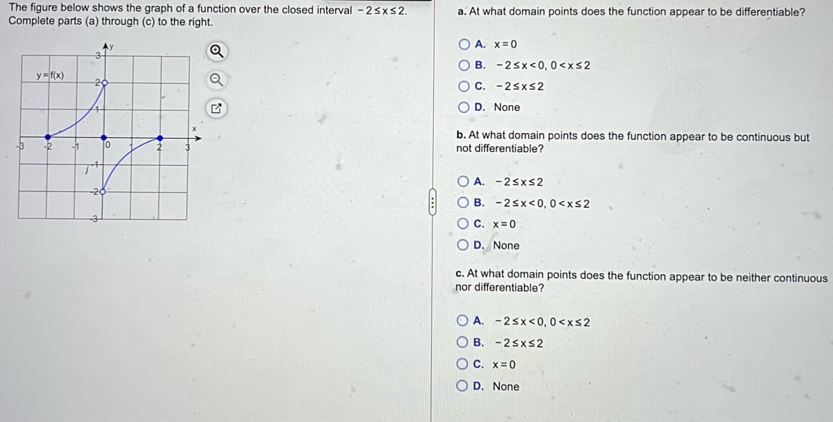 The figure below shows the graph of a function over the closed interval - 2sxs2.
Complete parts (a) through (c) to the right.
a. At what domain points does the function appear to be differentiable?
Ay
O A. x=0
O B. - 2sx<0, 0<xs2
y = f(x)
20
OC. -2sxs2
O D. None
b. At what domain points does the function appear to be continuous but
-3
-2
-1
To
not differentiable?
O A. -2sx<2
O B. -2sx<0, 0 <xs2
O C. x=0
D. None
c. At what domain points does the function appear to be neither continuous
nor differentiable?
O A. -2sx<0, 0 <x<2
O B. -2sxs2
C. x= 0
O D. None

