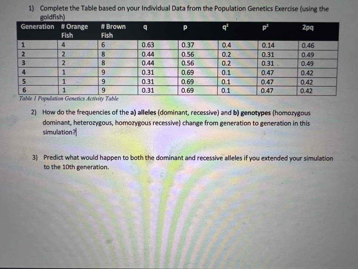 Generation
1
2
1) Complete the Table based on your Individual Data from the Population Genetics Exercise (using the
goldfish)
q²
2pq
3456
# Orange
Fish
4
2
2
1
1
1
# Brown
Fish
6
8
8
9
9
9
Table 1 Population Genetics Activity Table
q
0.63
0.44
0.44
0.31
0.31
0.31
Р
0.37
0.56
0.56
0.69
0.69
0.69
0.4
0.2
0.2
0.1
0.1
0.1
0.14
0.31
0.31
0.47
0.47
0.47
0.46
0.49
0.49
0.42
0.42
0.42
2) How do the frequencies of the a) alleles (dominant, recessive) and b) genotypes (homozygous
dominant, heterozygous, homozygous recessive) change from generation to generation in this
simulation?
3) Predict what would happen to both the dominant and recessive alleles if you extended your simulation
to the 10th generation.