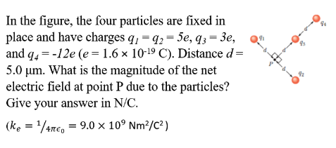 In the figure, the four particles are fixed in
place and have charges q, = q2 = 5e, q3 = 3e,
and q, = -12e (e = 1.6 x 10-19 C). Distance d=
5.0 µm. What is the magnitude of the net
electric field at point P due to the particles?
Give your answer in N/C.
(ke = /4nc, = 9.0 × 10° Nm²/c²)
