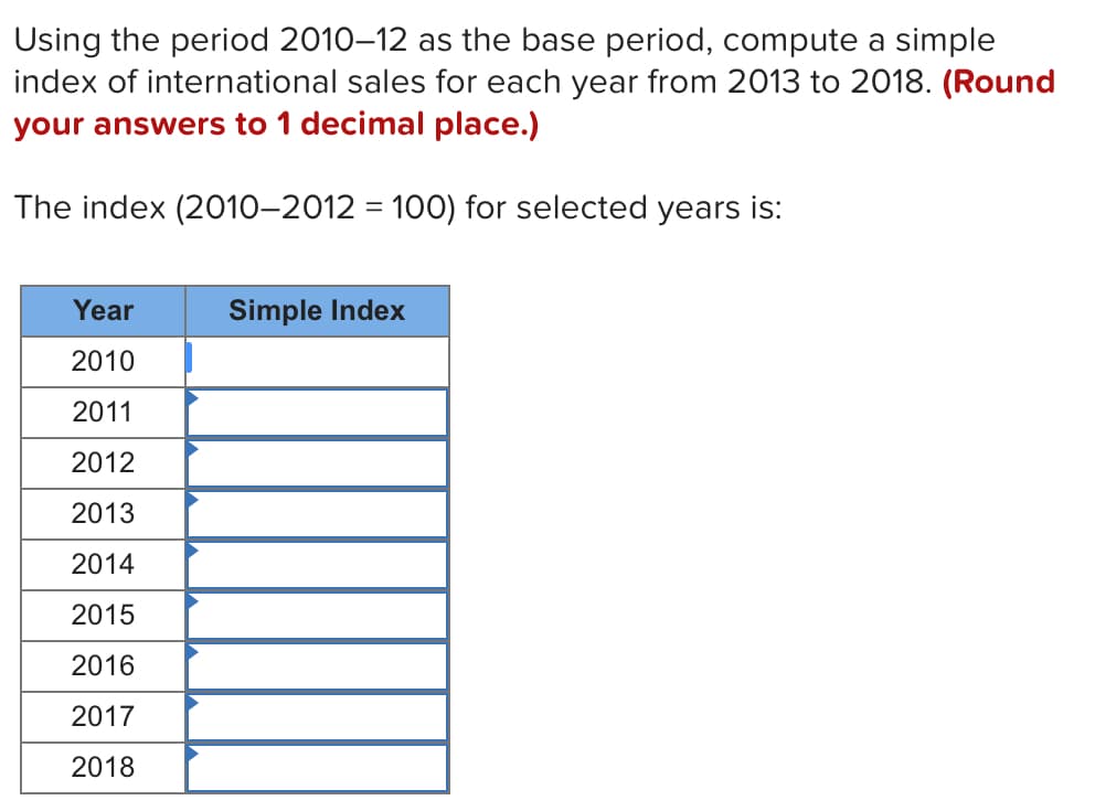 Using the period 2010–12 as the base period, compute a simple
index of international sales for each year from 2013 to 2018. (Round
your answers to 1 decimal place.)
The index (2010-2012 = 100) for selected years is:
Year
Simple Index
2010
2011
2012
2013
2014
2015
2016
2017
2018
