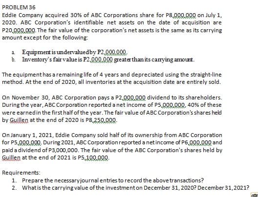 PROBLEM 36
Eddie Company acquired 30% of ABC Corporations share for P8,000.000 on July 1,
2020. ABC Corporation's identifiable net assets on the date of acquisition are
P20,000.000. The fair value of the corporation's net assets is the same as its carrying
amount except for the following:
a Equipment is undervaluedby P2,000.000.
b. Inventory's fair value is P2,000.000 greaterthan its canrying amount.
The equipment has aremaining life of 4 years and depreciated using the straight-line
method. At the end of 2020, all inventories at the acquisition date are entirely sold.
On November 30, ABC Corporation pays a P2,000.000 dividend to its shareholders.
During the year, ABC Corporation reported a net income of P5,000.000, 40% of these
were earnedin the first half of the year. The fair value of ABC Corporation's shares held
by Guillen at the end of 2020 is P8,250,000.
On January 1, 2021, Eddie Company sold half of its ownership from ABC Corporation
for P5,000.000. During 2021, ABC Corporation reported a net income of P6,000,000 and
paid a dividend of P3,000,000. The fair value of the ABC Corporation's shares held by
Guillen at the end of 2021 is P5,100.000.
Requirements:
1. Prepare the necessaryjournal entries to record the above transactions?
2. What is the carrying value of the investment on December 31, 2020? December 31,2021?
