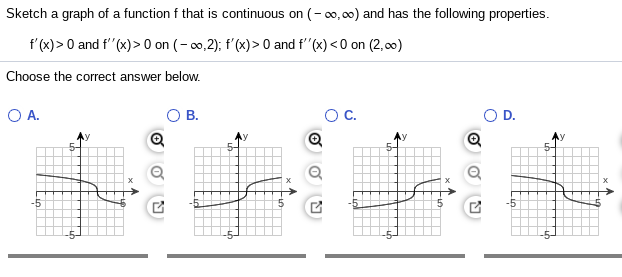 Sketch a graph of a function f that is continuous on (- 0, 00) and has the following properties.
f'(x)> 0 and f"(x) > 0 on (- 0,2); f'(x)> 0 and f'"(x) <0 on (2, c0)
Choose the correct answer below.
O A.
B.
-5
-5
