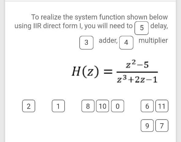 To realize the system function shown below
using IIR direct form I, you will need to 5 delay,
3
adder, 4 multiplier
z2-5
H(z)
z3+2z-1
1
8 10 0
6|| 11
9.
7
2.
