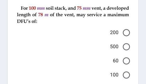 For 100 mm soil stack, and 75 mm vent, a developed
length of 78 m of the vent, may service a maximum
DFU's of:
200
500 O
60
100 O
