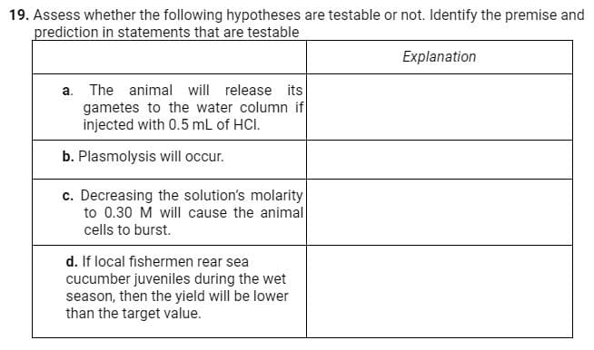 19. Assess whether the following hypotheses are testable or not. Identify the premise and
prediction in statements that are testable
Explanation
a. The animal will release its
gametes to the water column if
injected with 0.5 mL of HCI.
b. Plasmolysis will occur.
c. Decreasing the solution's molarity
to 0.30 M will cause the animal
cells to burst.
d. If local fishermen rear sea
cucumber juveniles during the wet
season, then the yield will be lower
than the target value.
