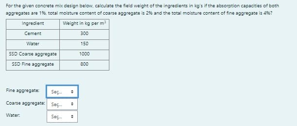 For the given concrete mix design below, calculate the field weight of the ingredients in kg's if the absorption capacities of both
aggregates are 1%, total moisture content of coarse aggregate is 2% and the total moisture content of fine aggregate is 4%?
Ingredient
Weight in kg per m³
Cement
300
Water
150
1000
800
SSD Coarse aggregate
SSD Fine aggregate
Fine aggregate: Seç... ÷
Coarse aggregate: Seç...
Seç
Water:
+
÷
