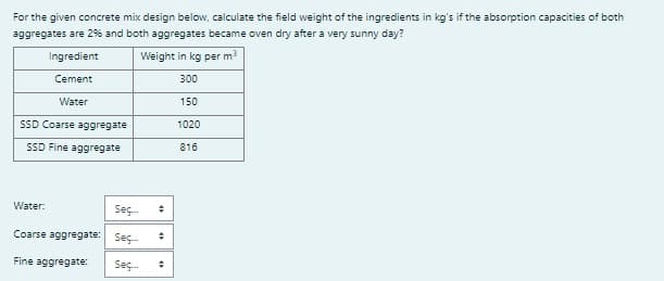 For the given concrete mix design below, calculate the field weight of the ingredients in kg's if the absorption capacities of both
aggregates are 2% and both aggregates became oven dry after a very sunny day?
Weight in kg per m³
300
Ingredient
Cement
Water
SSD Coarse aggregate
SSD Fine aggregate
Water:
Seç
Coarse aggregate: Seç
Fine aggregate:
Seç...
→
+
150
1020
816