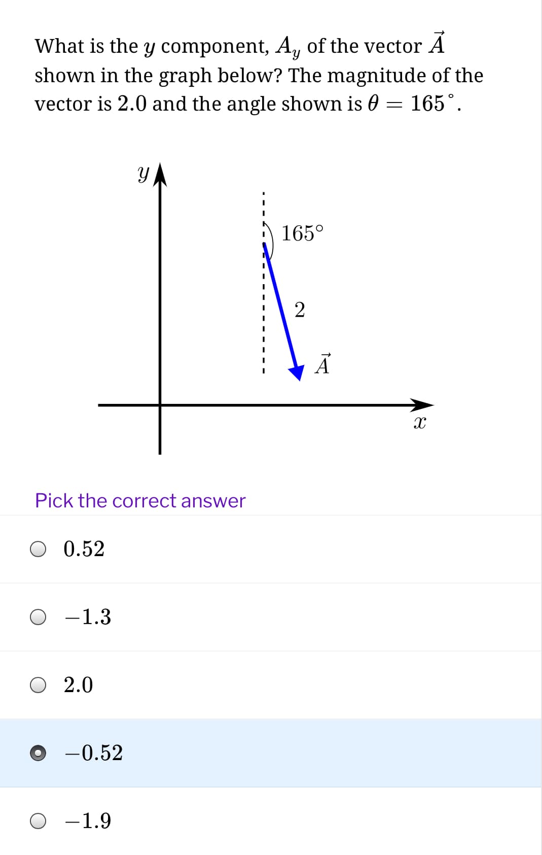 What is the y component, A, of the vector A
shown in the graph below? The magnitude of the
vector is 2.0 and the angle shown is 0 = 165°.
165°
2
Pick the correct answer
0.52
O -1.3
O 2.0
-0.52
O -1.9
