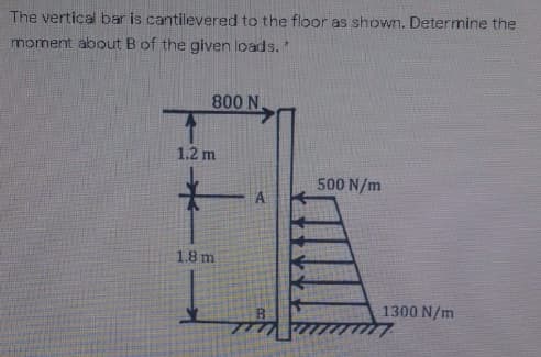 The vertical bar is cantilevered to the floor as shown. Determine the
moment about B of the given loads. *
800 N
1.2 m
500 N/m
A
1.8 m
1300 N/m
