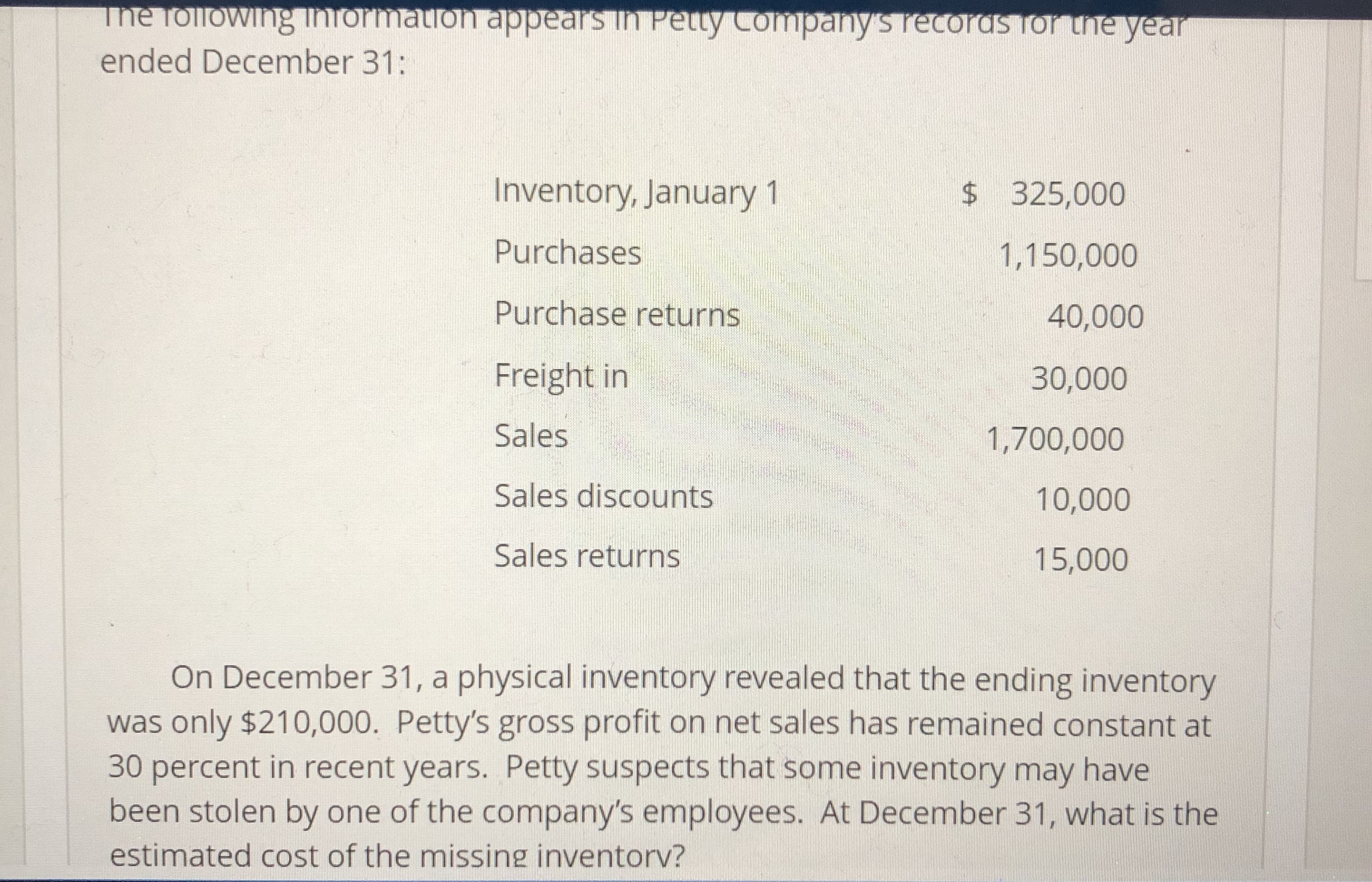 Ine Toirowing inormation appears in Pety Company s recoras for ue year
ended December 31:
Inventory, January 1
Purchases
Purchase returns
Freight in
Sales
Sales discounts
Sales returns
$325,000
1,150,000
40,000
30,000
1,700,000
10,000
15,000
On December 31, a physical inventory revealed that the ending inventory
was only $210,000. Petty's gross profit on net sales has remained constant at
30 percent in recent years. Petty suspects that some inventory may have
been stolen by one of the company's employees. At December 31, what is the
estimated cost of the missing inventorv?
