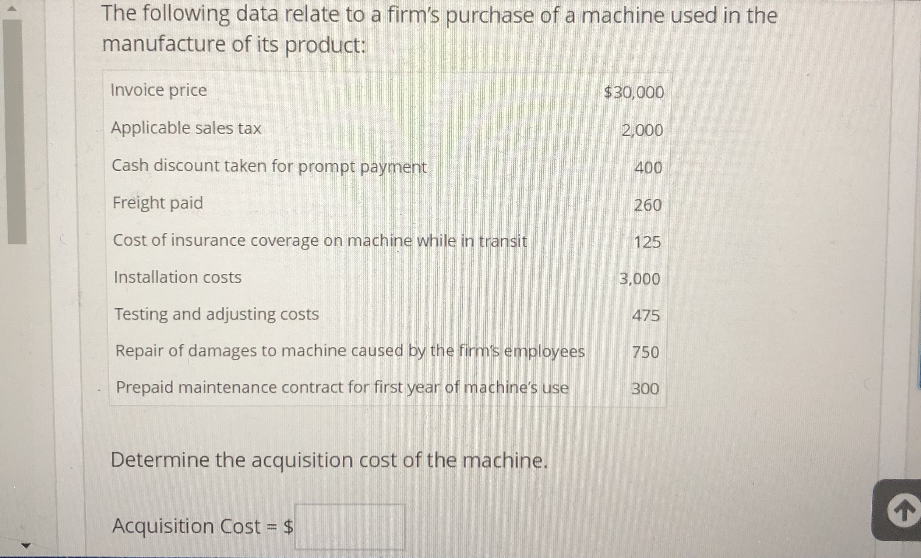 The following data relate to a firm's purchase of a machine used in the
manufacture of its product:
Invoice price
Applicable sales tax
Cash discount taken for prompt payment
Freight paid
Cost of insurance coverage on machine while in transit
Installation costs
Testing and adjusting costs
Repair of damages to machine caused by the firm's employees
Prepaid maintenance contract for first year of machine's use
$30,00o
2,000
400
260
125
3,000
475
750
300
Determine the acquisition cost of the machine.
个
Acquisition Cost-
