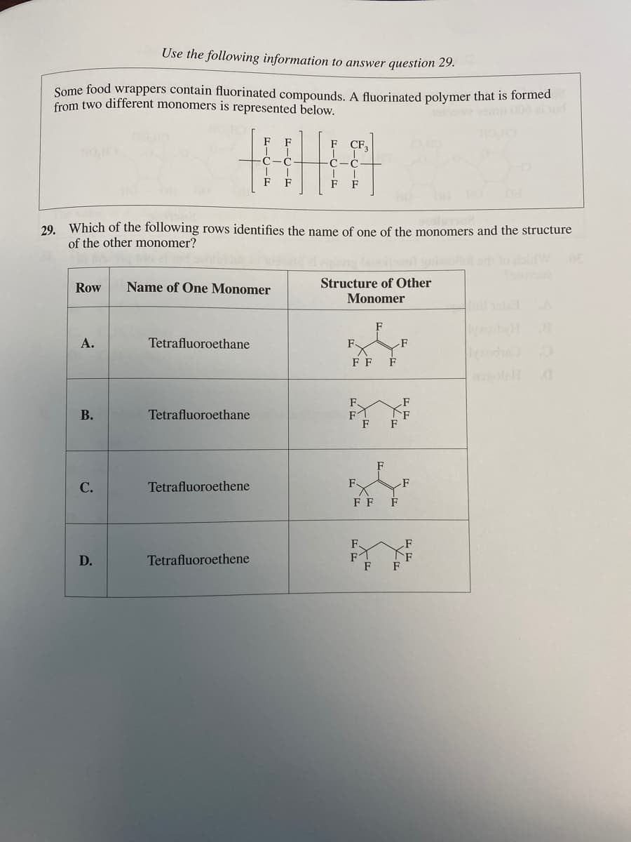 Use the following information to answer question 29.
Some food wrappers contain fluorinated compounds. A fluorinated polymer that is formed
from two different monomers is represented below.
NOH)
Row
A.
B.
C.
D.
29. Which of the following rows identifies the name of one of the monomers and the structure
of the other monomer?
Tetrafluoroethane
Name of One Monomer
Tetrafluoroethane
F
T
Tetrafluoroethene
T
F
Tetrafluoroethene
F
C
1
F
F
1
F
CF
C
T
F
Structure of Other
Monomer
F.
FF F
F
M
F
F
F
F
FF
F.
F
F
F
F
F
F
F
NF
F
.0