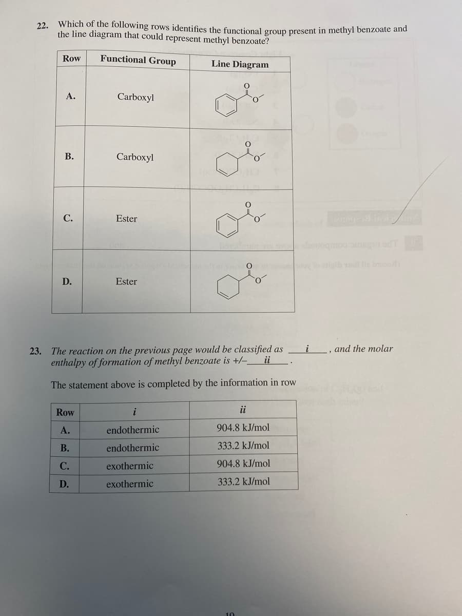 22.
Which of the following rows identifies the functional group present in methyl benzoate and
the line diagram that could represent methyl benzoate?
Functional Group
Line Diagram
Row
A.
B.
C.
D.
Carboxyl
Row
A.
B.
C.
D.
Carboxyl
Ester
Ester
Or
23. The reaction on the previous page would be classified as
ii
enthalpy of formation of methyl benzoate is +/-_
The statement above is completed by the information in row
i
endothermic
endothermic
exothermic
exothermic
o
0
ii
904.8 kJ/mol
333.2 kJ/mol
904.8 kJ/mol
333.2 kJ/mol
i
, and the molar