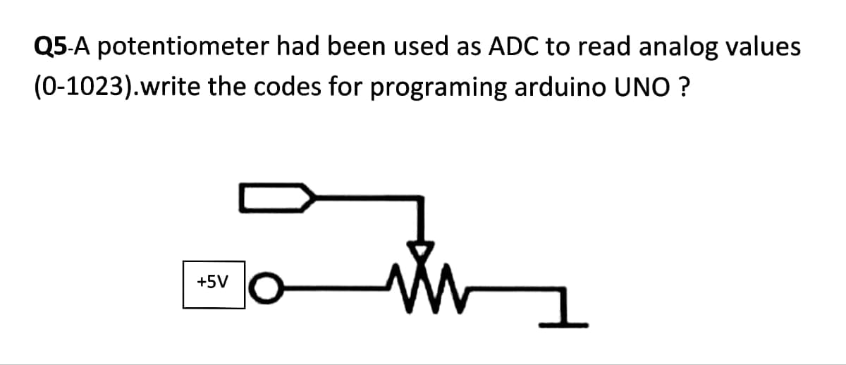 Q5-A potentiometer had been used as ADC to read analog values
(0-1023).write the codes for programing arduino UNO ?
+5V
