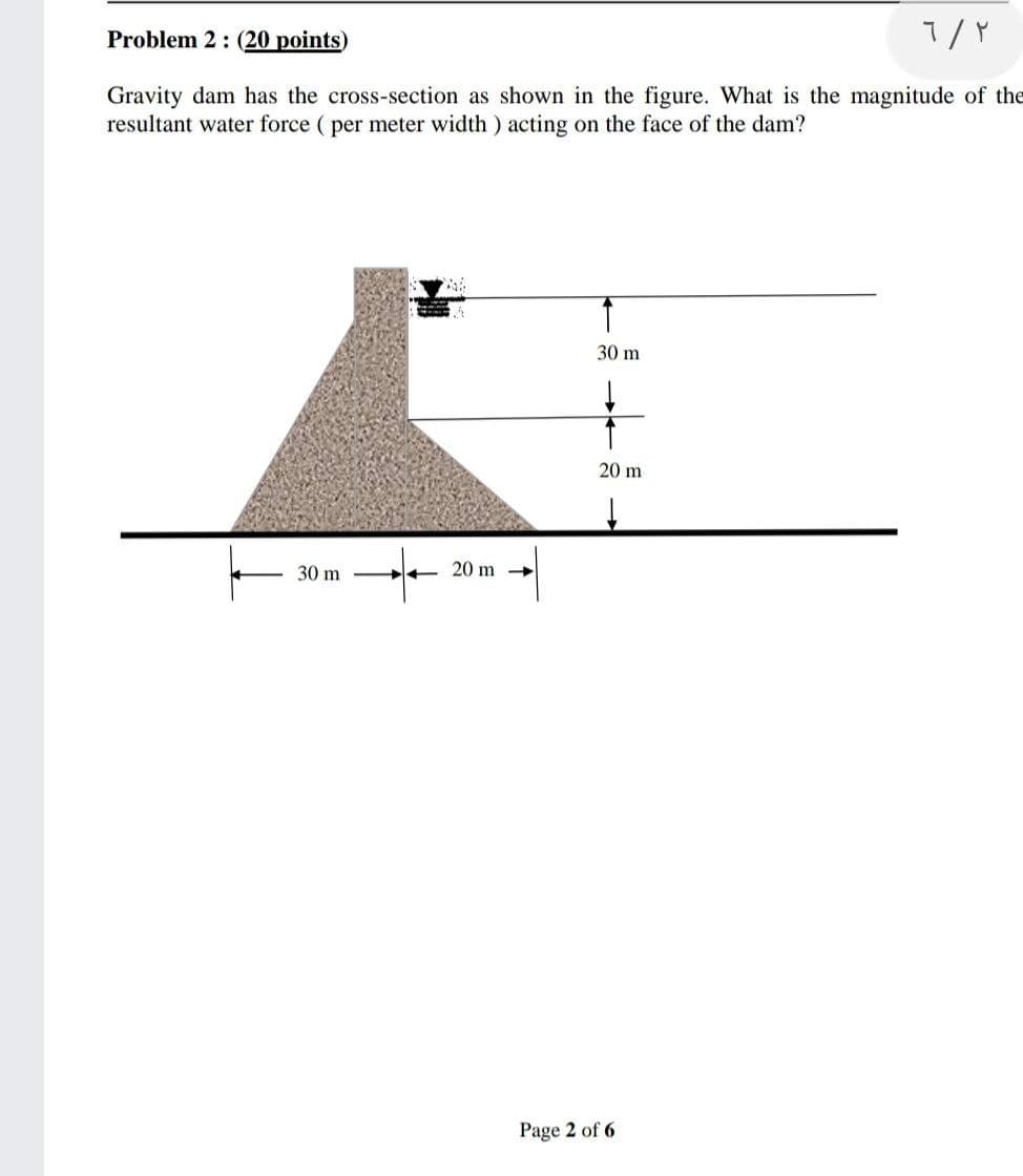 Problem 2 : (20 points)
Gravity dam has the cross-section as shown in the figure. What is the magnitude of the
resultant water force ( per meter width ) acting on the face of the dam?
30 m
20 m
30 m
- 20 m +
Page 2 of 6
