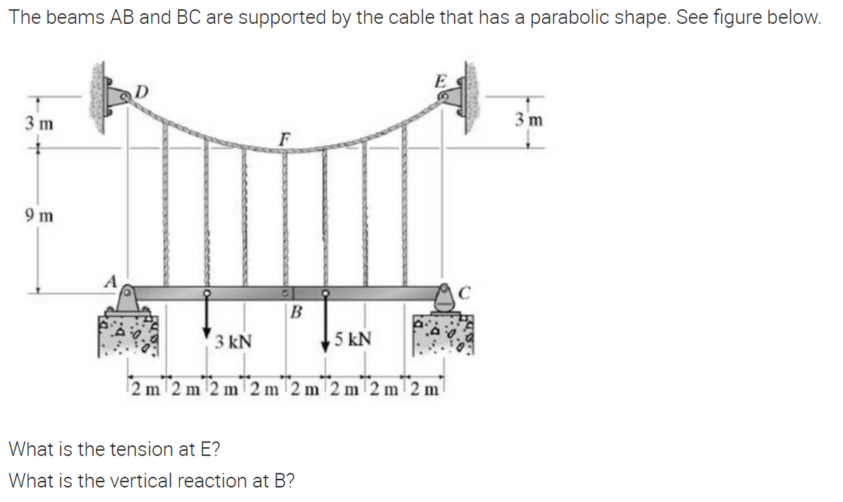 The beams AB and BC are supported by the cable that has a parabolic shape. See figure below.
D
3 m
3m
F
9 m
B
3 kN
,5 kN
m 2 m 2 m 2m 2 m 2 m 2m 2 m
تمع
What is the tension at E?
What is the vertical reaction at B?
