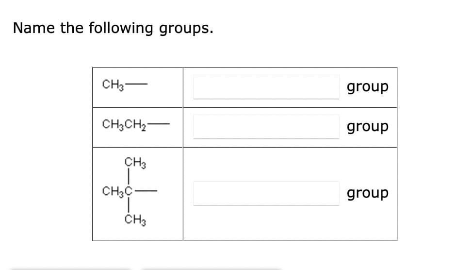 Name the following groups.
CH3-
CH3CH₂-
CH3
CH3C-
CH3
group
group
group